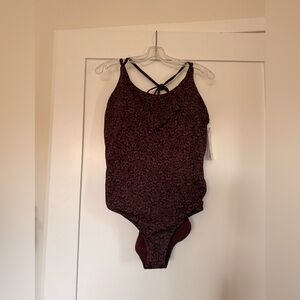 Athleta Burgundy Floral-Print One-Piece Swimsuit size XL